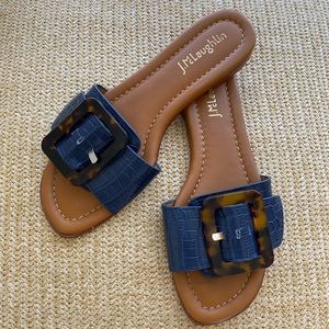 J. McLaughlin Navy Bella Sandals with Adjustable Tortoise Buckle Size 6.5